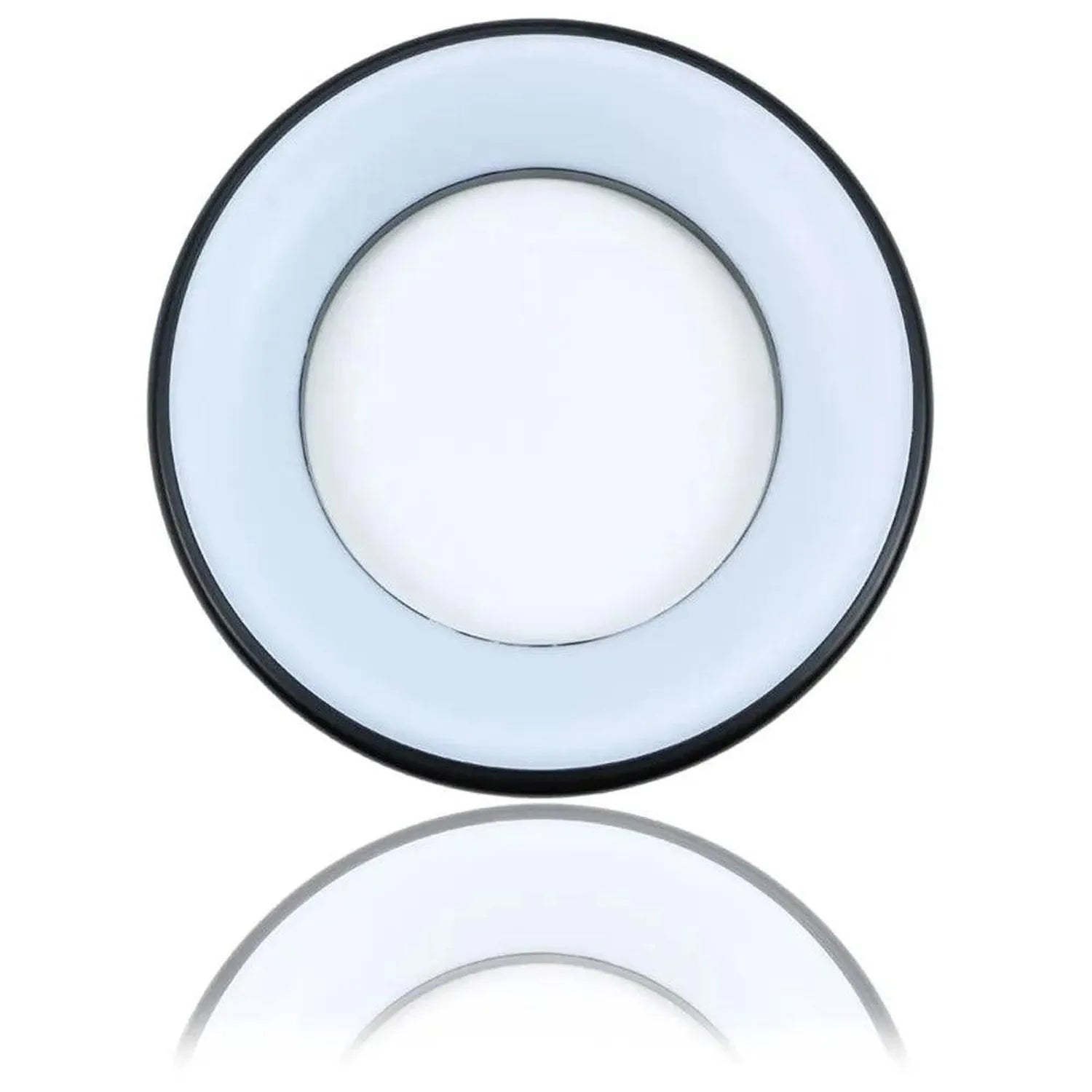 Circular LED ceiling light with grey and black trim ring, shown from front view with reflection below.
