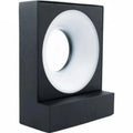 Black rectangular LED wall lamp with white circular diffuser, mounted on base, front-facing product shot.