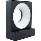 Black rectangular LED wall lamp with white circular diffuser, mounted on base, front-facing product shot.