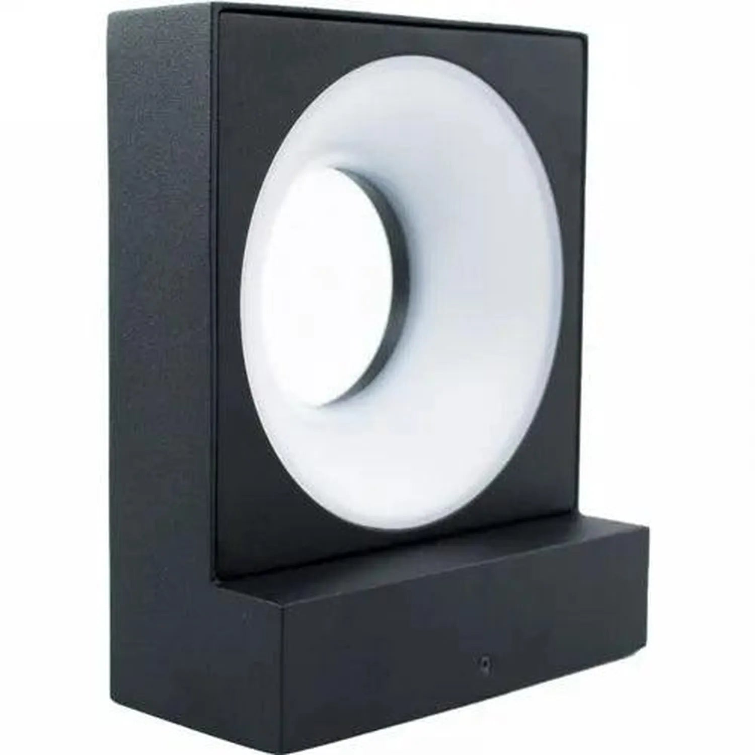 Black rectangular LED wall lamp with white circular diffuser, mounted on base, front-facing product shot.
