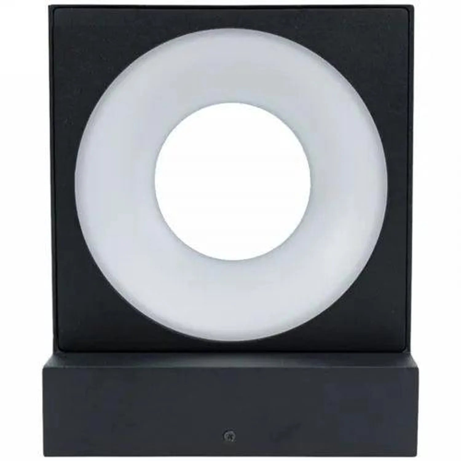 Black square wall lamp with frosted white circular diffuser and center opening, front view product shot.