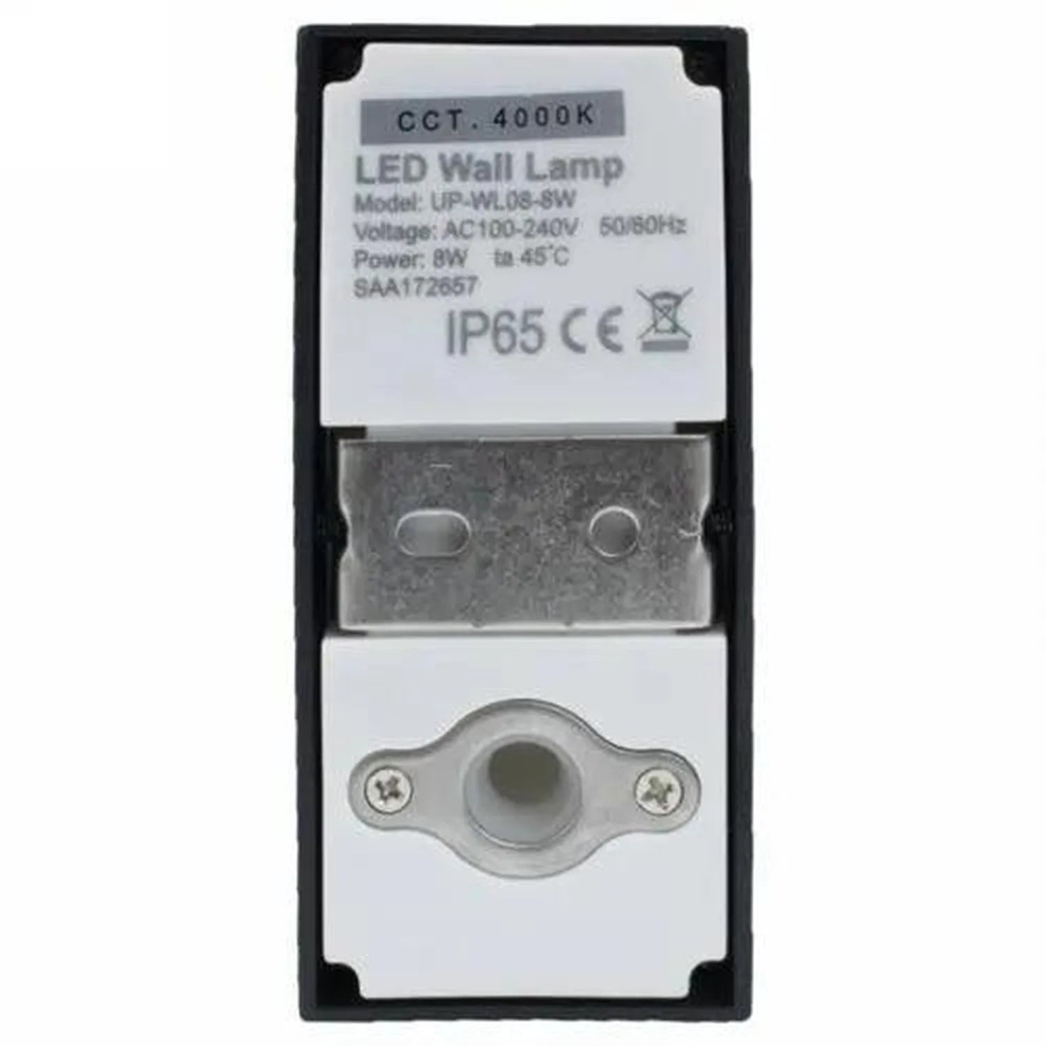 Rear view of LED wall lamp showing specifications label, mounting bracket with two screw holes, and cable entry port.
