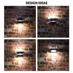Four design variations of black LED wall lamp mounted on brick wall, showing different light angles and positions.