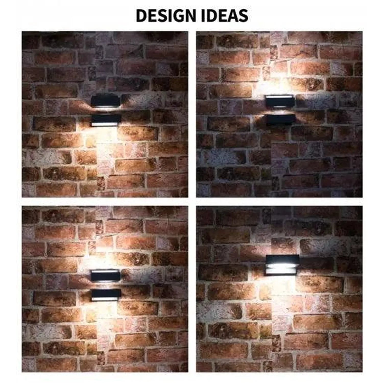 Four design variations of black LED wall lamp mounted on brick wall, showing different light angles and positions.
