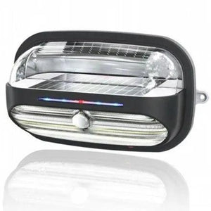 Black rectangular solar wall light with LED strips, motion sensor, and dimmable control knob, front view product shot.