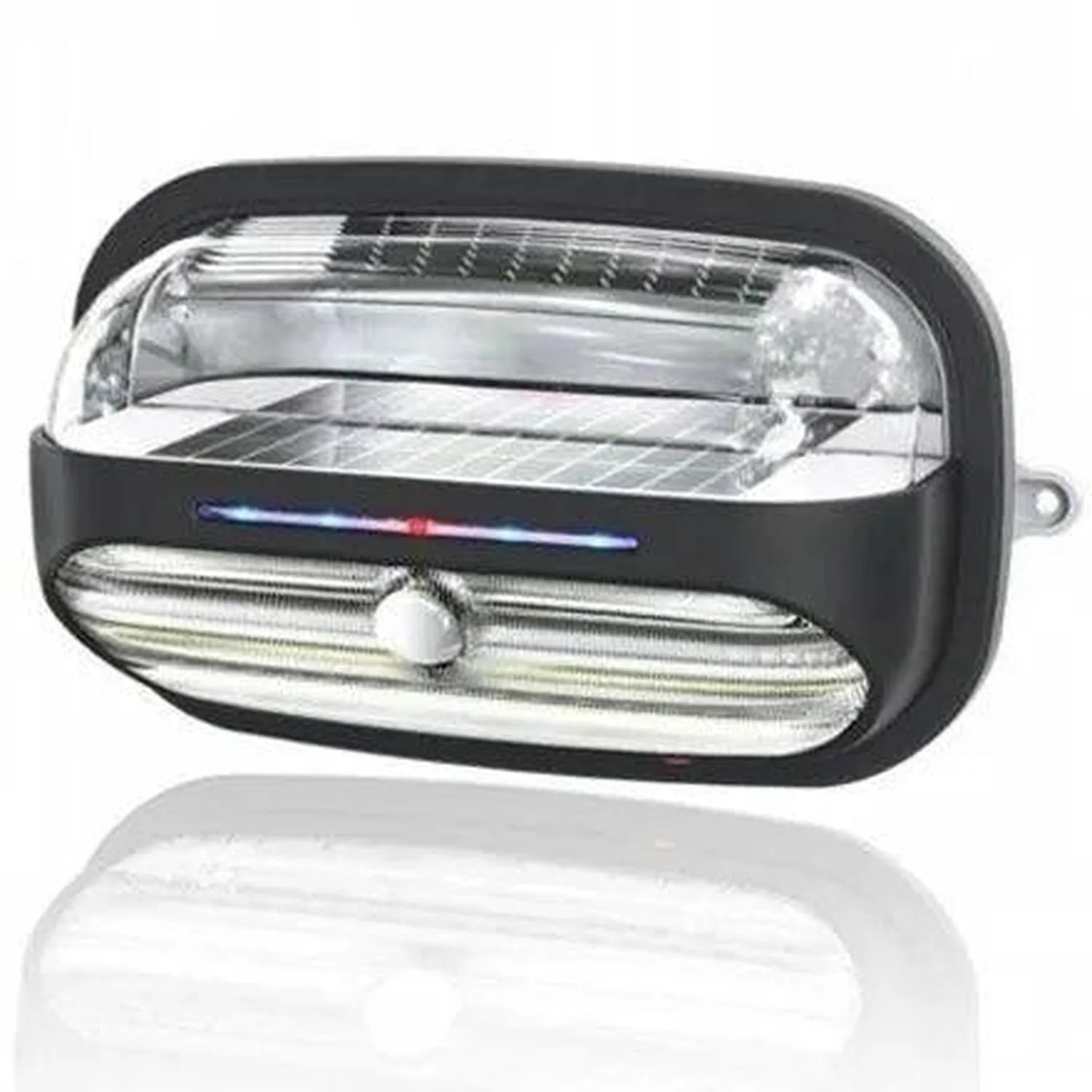 Black rectangular solar wall light with LED strips, motion sensor, and dimmable control knob, front view product shot.
