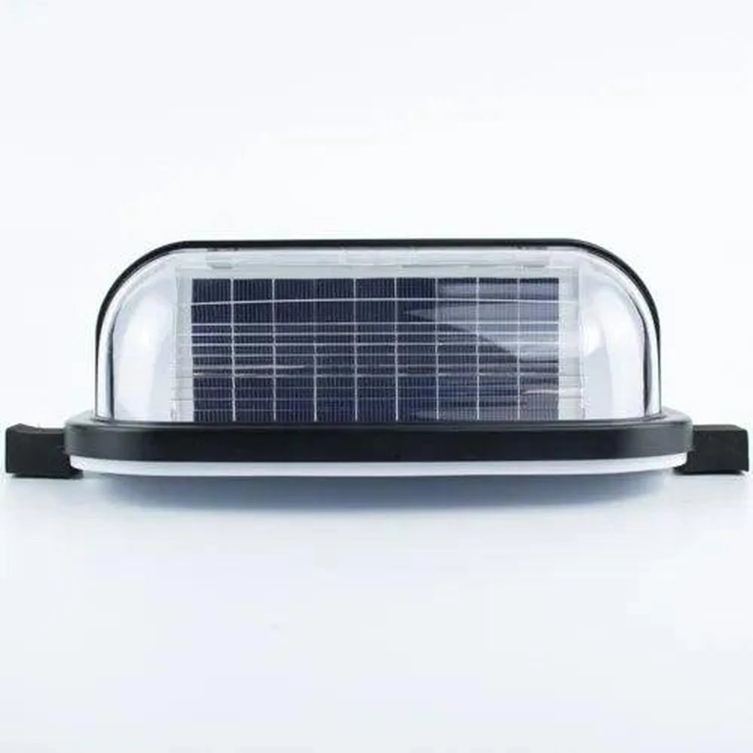Solar wall light with integrated solar panel on clear dome, black trim and mounting brackets, front product view.