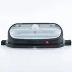 Black oval LED solar wall light with white lens and red power button, shown against white background.