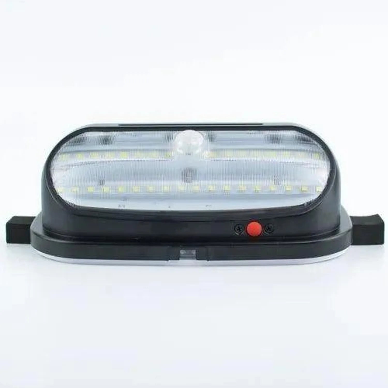 Black oval LED solar wall light with white lens and red power button, shown against white background.