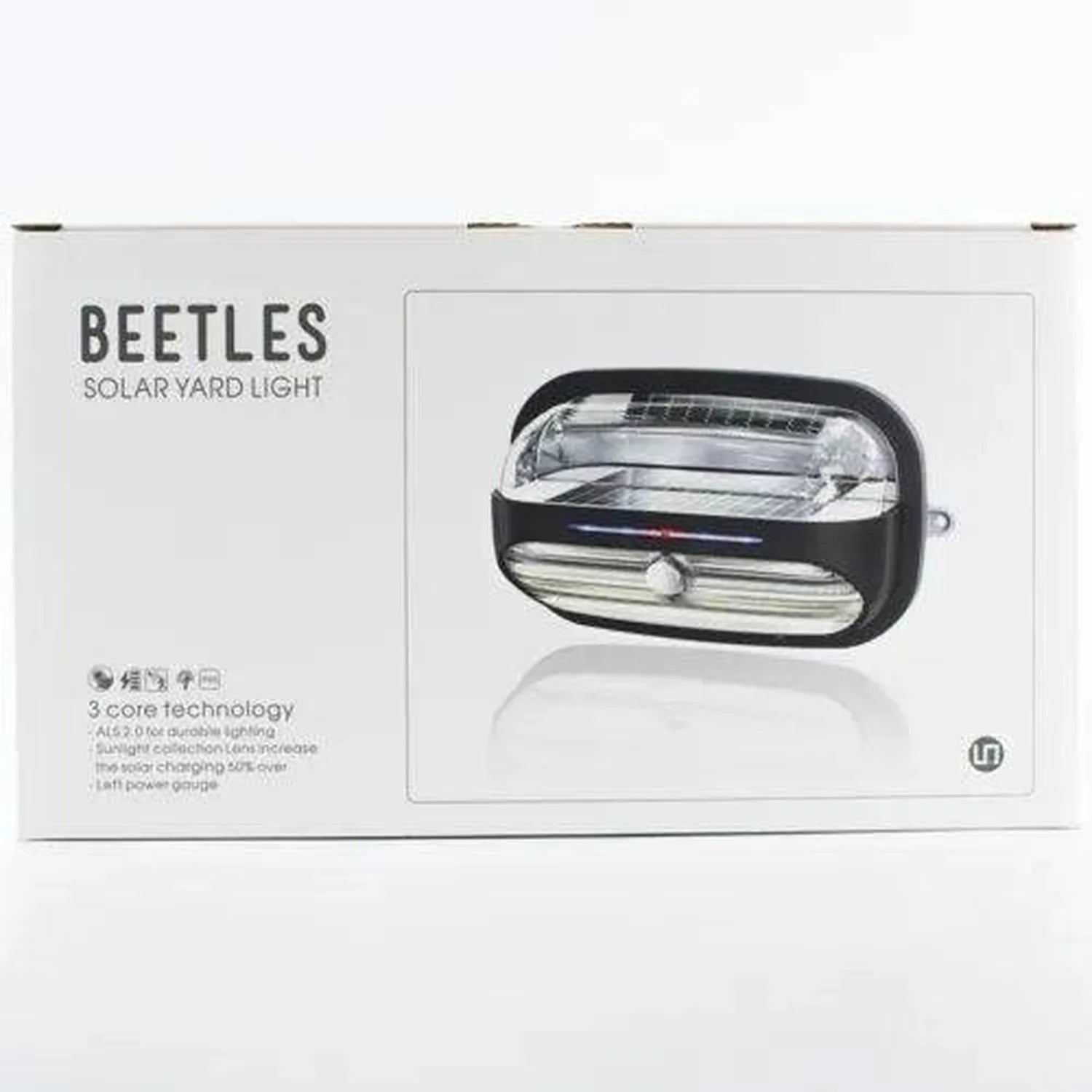 Beetles solar yard light product packaging showing rectangular black and silver motion-sensor light fixture with LED design.