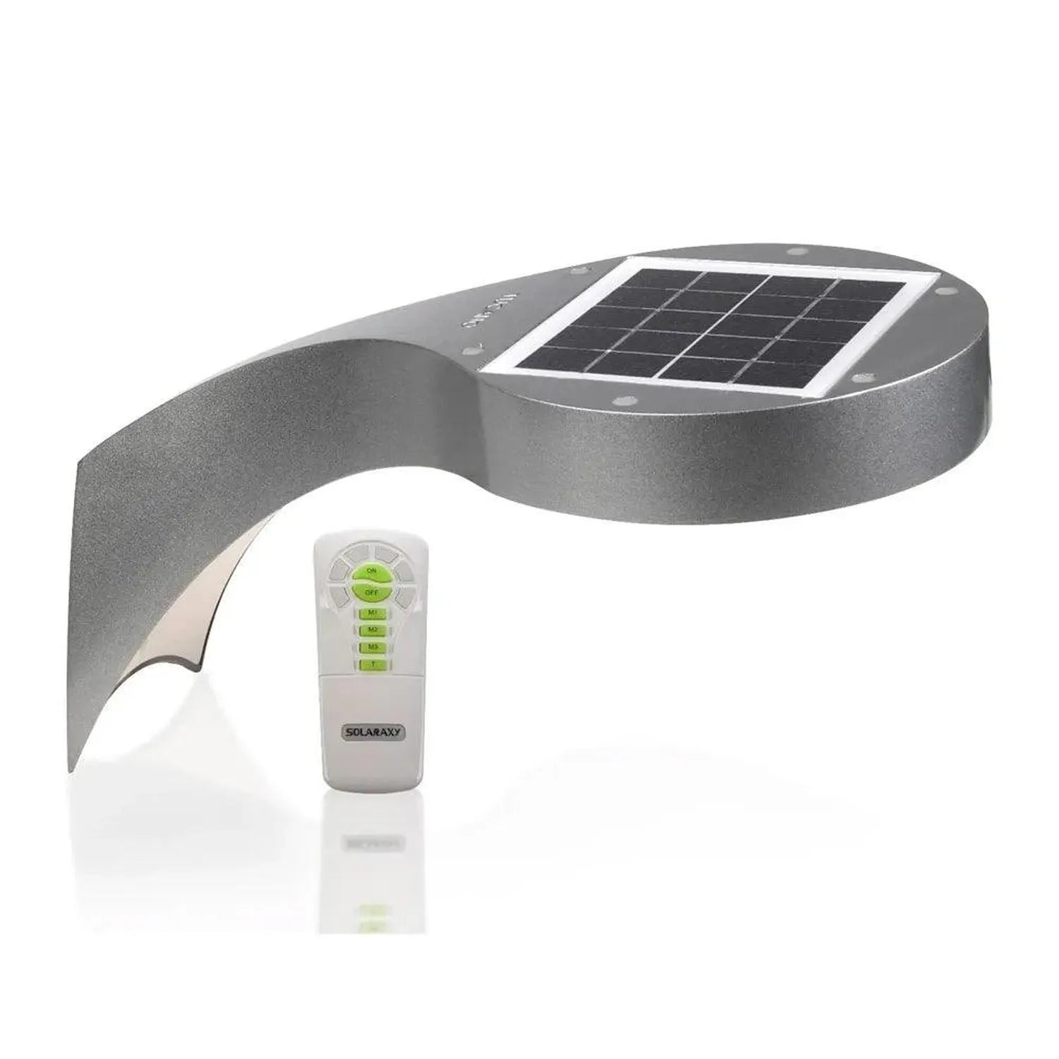 Solar wall light with curved gray metal body, integrated solar panel on top, white LED housing below, and remote control with