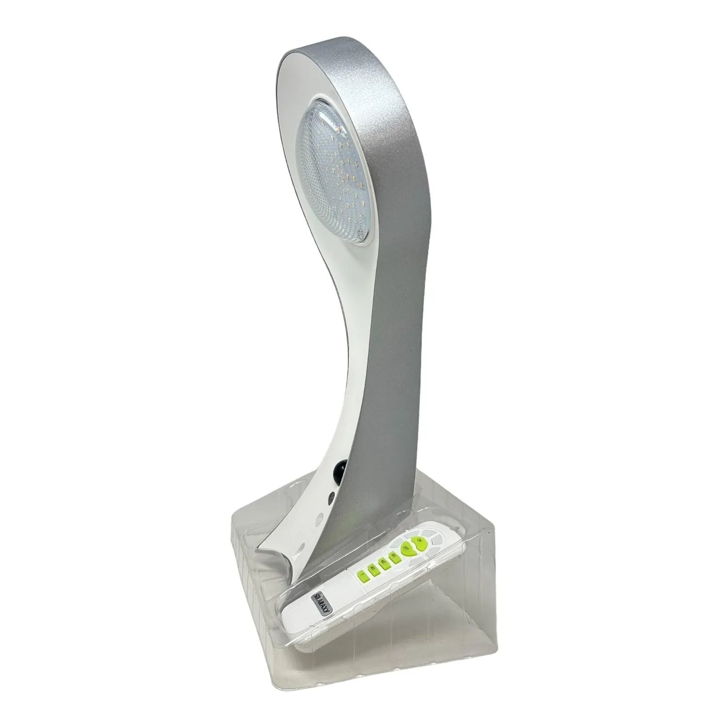 Gray and white LED solar wall light with PIR motion sensor on clear display stand, remote control visible in base.