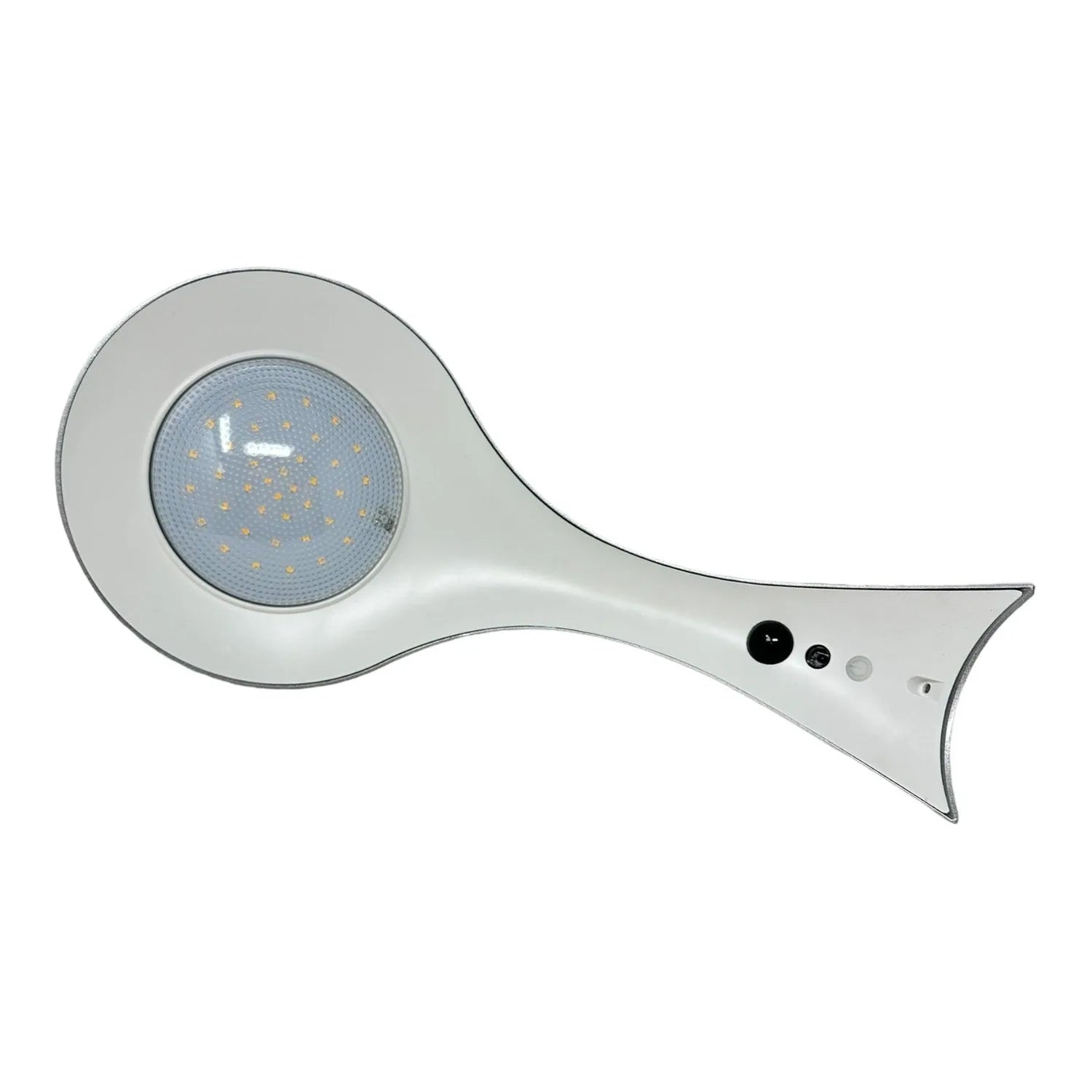 White teardrop-shaped solar wall light with circular LED panel and motion sensor controls, displayed against white background