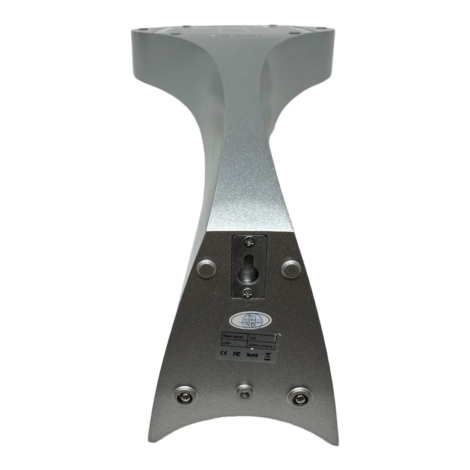 Bottom view of gray solar wall light with motion sensor, showing mounting holes, control switch, and CE/FCC compliance labels