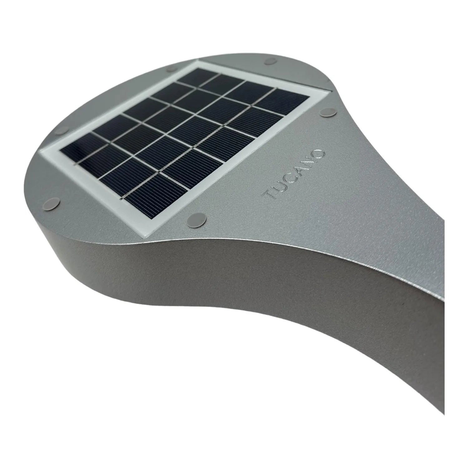Gray solar wall light with integrated solar panel on rounded top, motion sensor fixture shown at angle against white backgrou