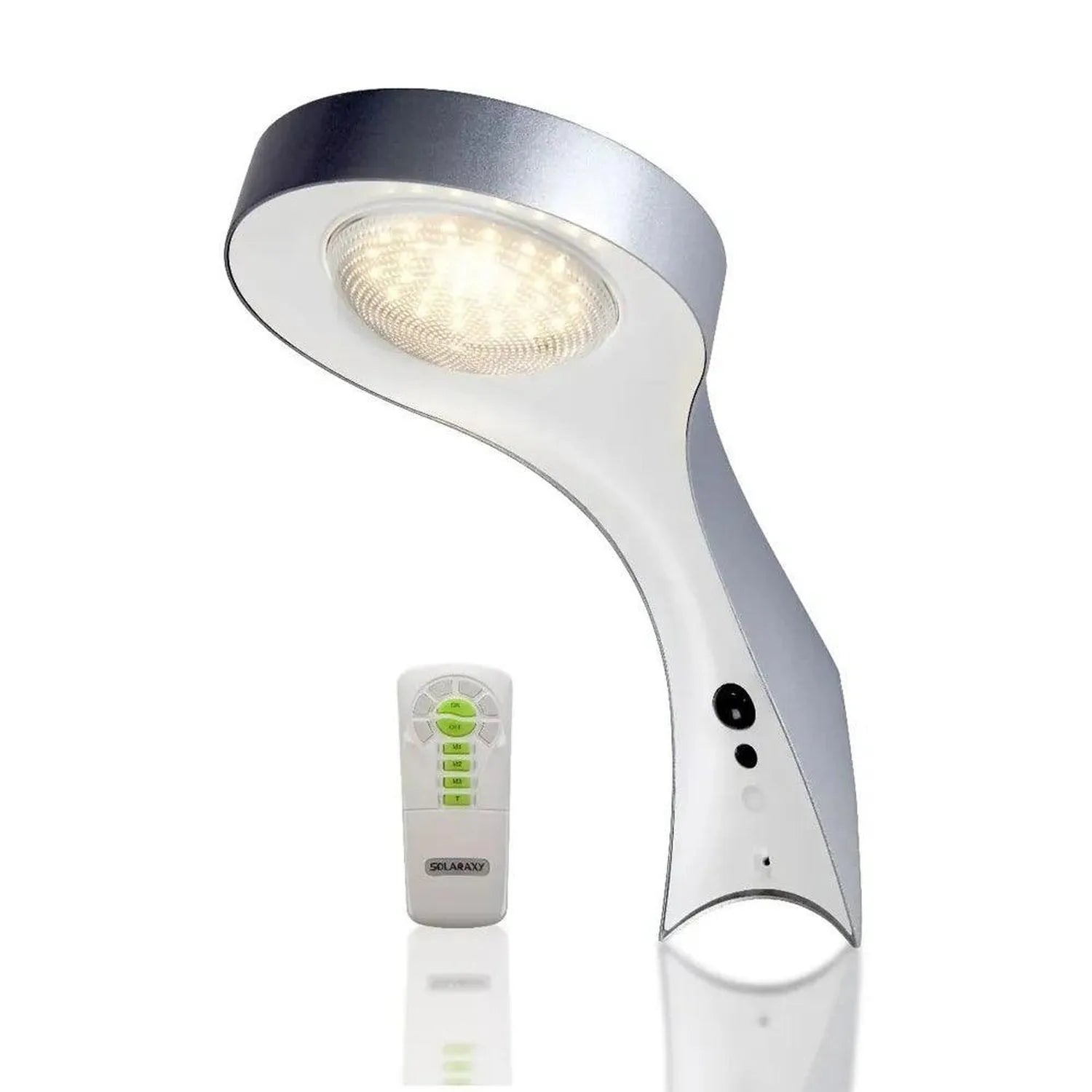 White curved solar wall light with LED bulb and remote control shown separately against white background.
