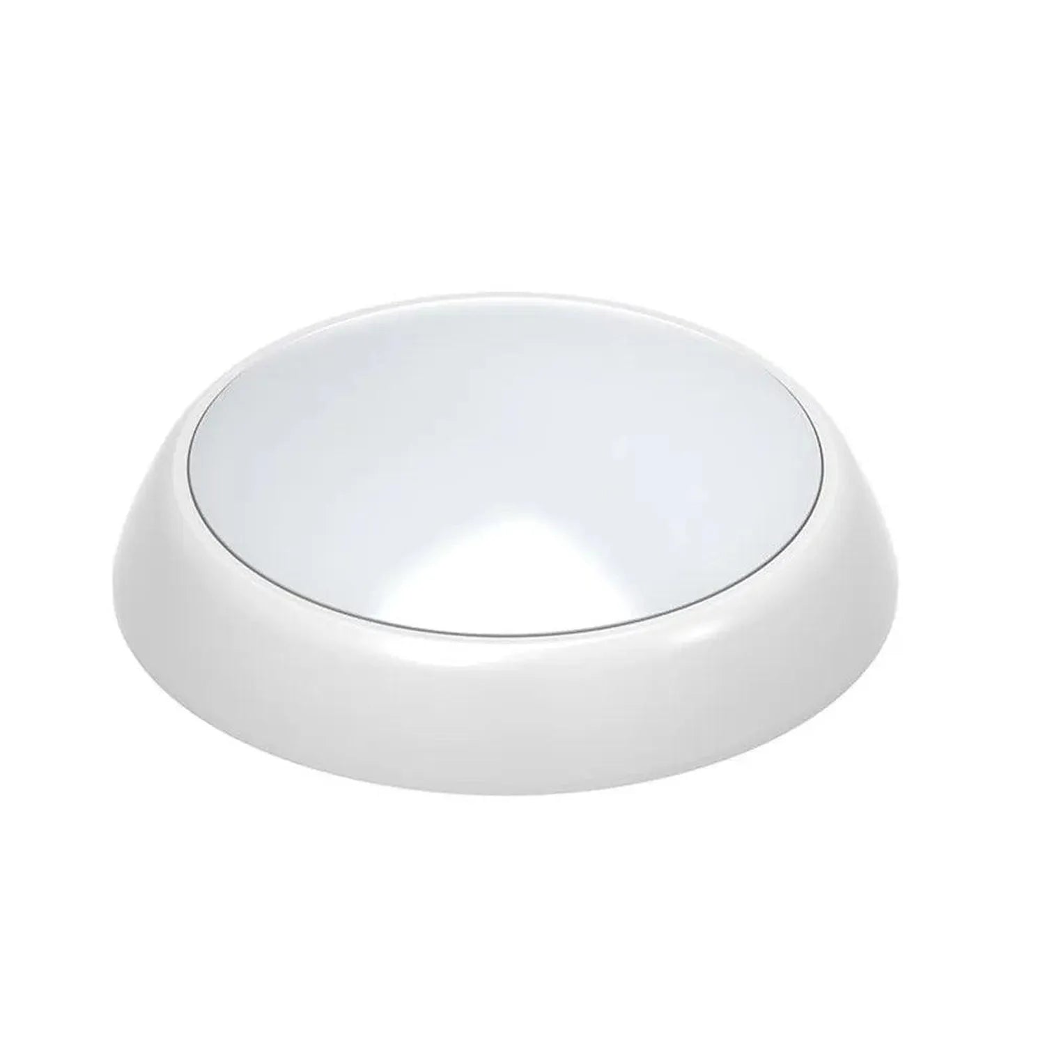 White dome-shaped LED bulkhead light fixture with frosted glass lens, shown against plain background.