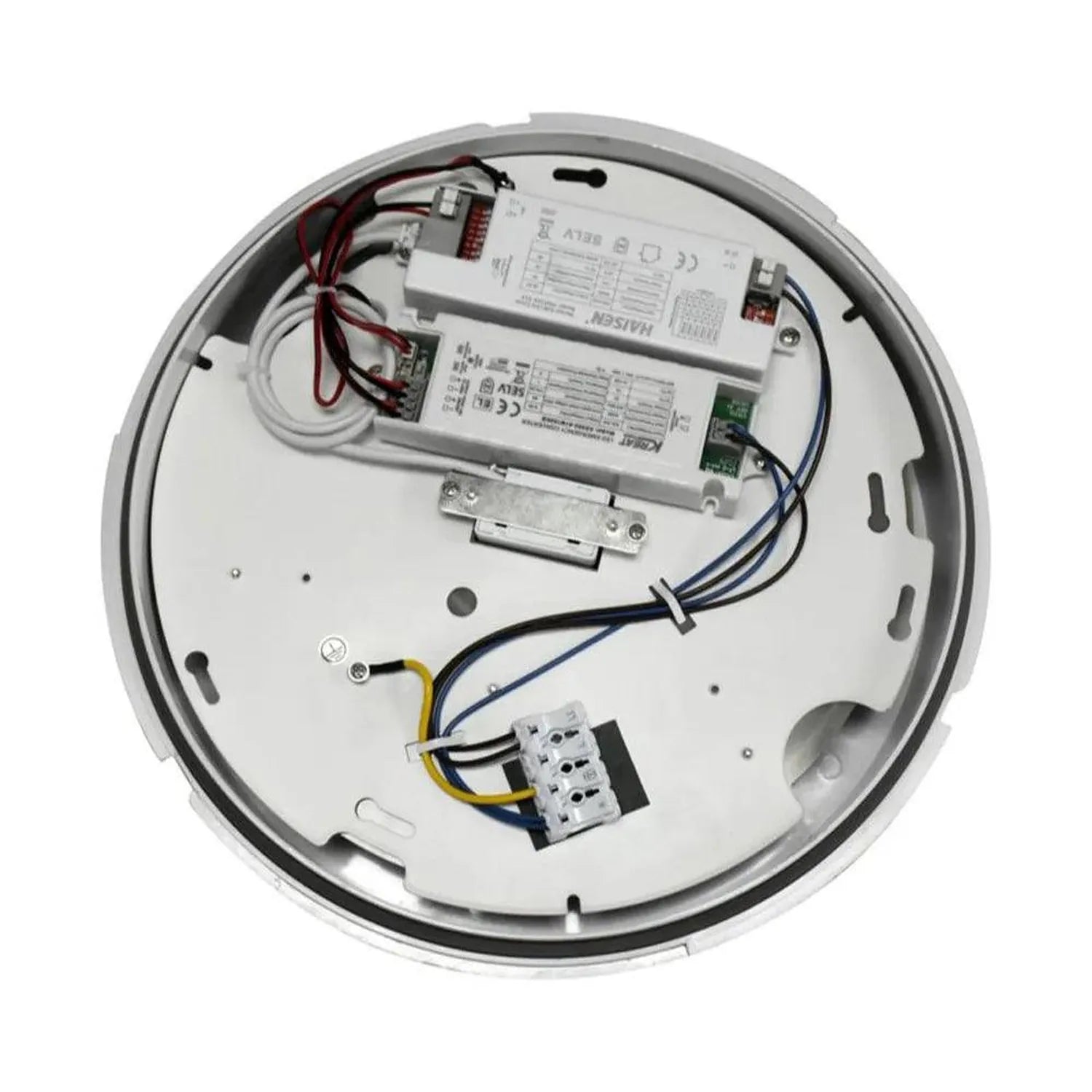 Interior view of round LED bulkhead light showing white ceiling canopy with dual driver modules, wiring, and mounting bracket