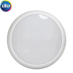 White circular LED bulkhead light with frosted diffuser and white trim ring, shown against white background with LED logo in 