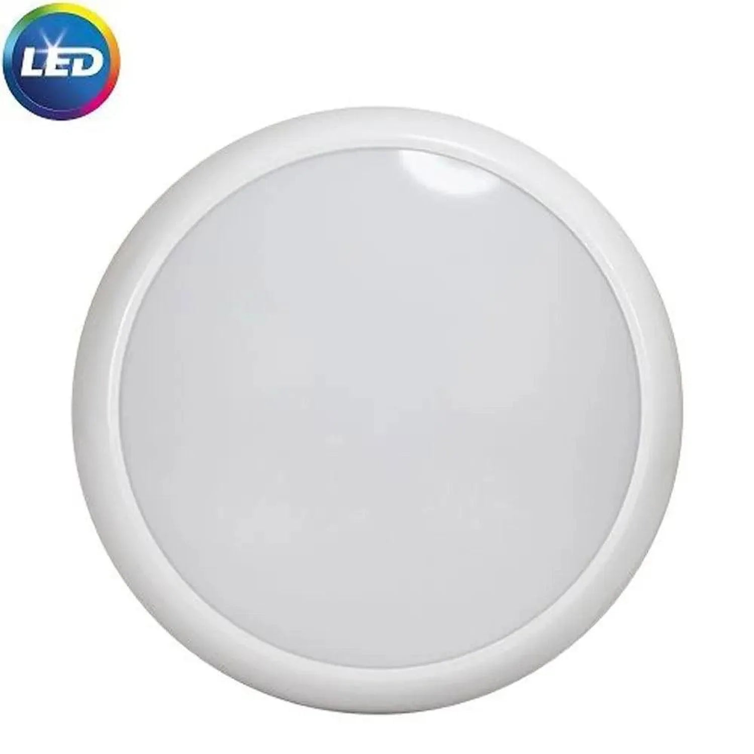 White circular LED bulkhead light with frosted diffuser and white trim ring, shown against white background with LED logo in 
