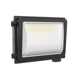 Black rectangular LED wall light with clear prismatic lens and mounting bracket, product shot on white background.