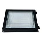 Black rectangular LED wall pack light with clear prismatic lens and mounting hardware visible.