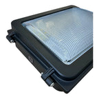 Black rectangular LED wall pack light with clear polycarbonate lens and mounting hardware visible, product shot on white back