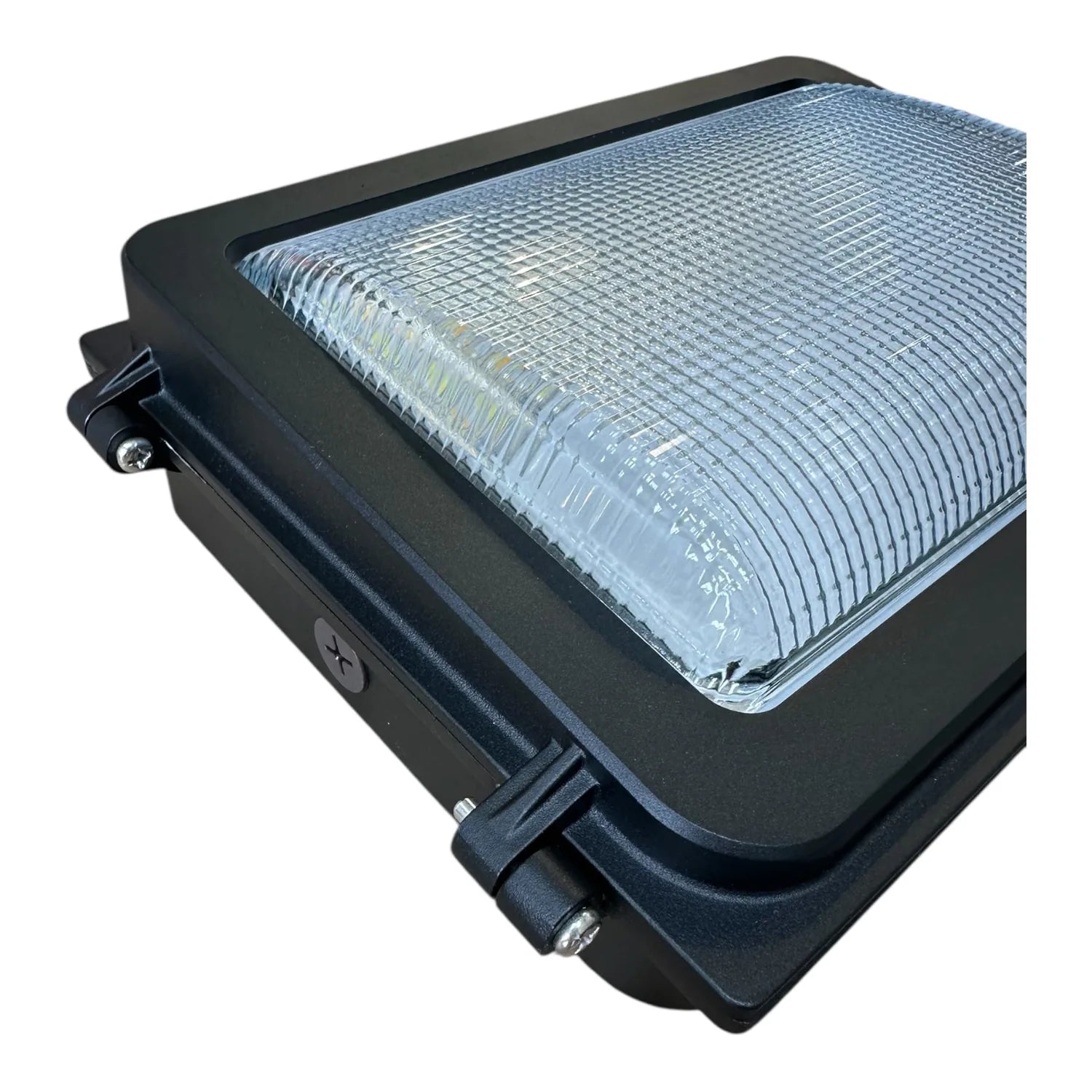 Black rectangular LED wall pack light with clear polycarbonate lens and mounting hardware visible, product shot on white back