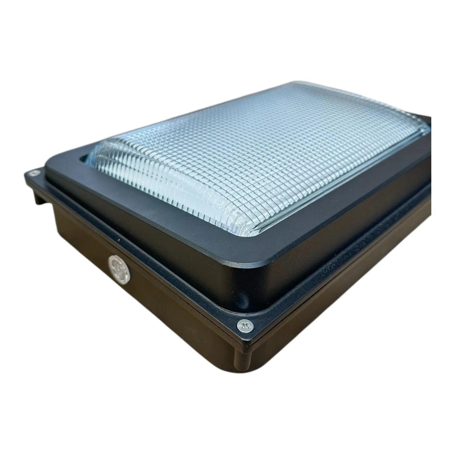 Black rectangular LED wall light with clear polycarbonate lens and mesh grid pattern, mounted on white background, product al