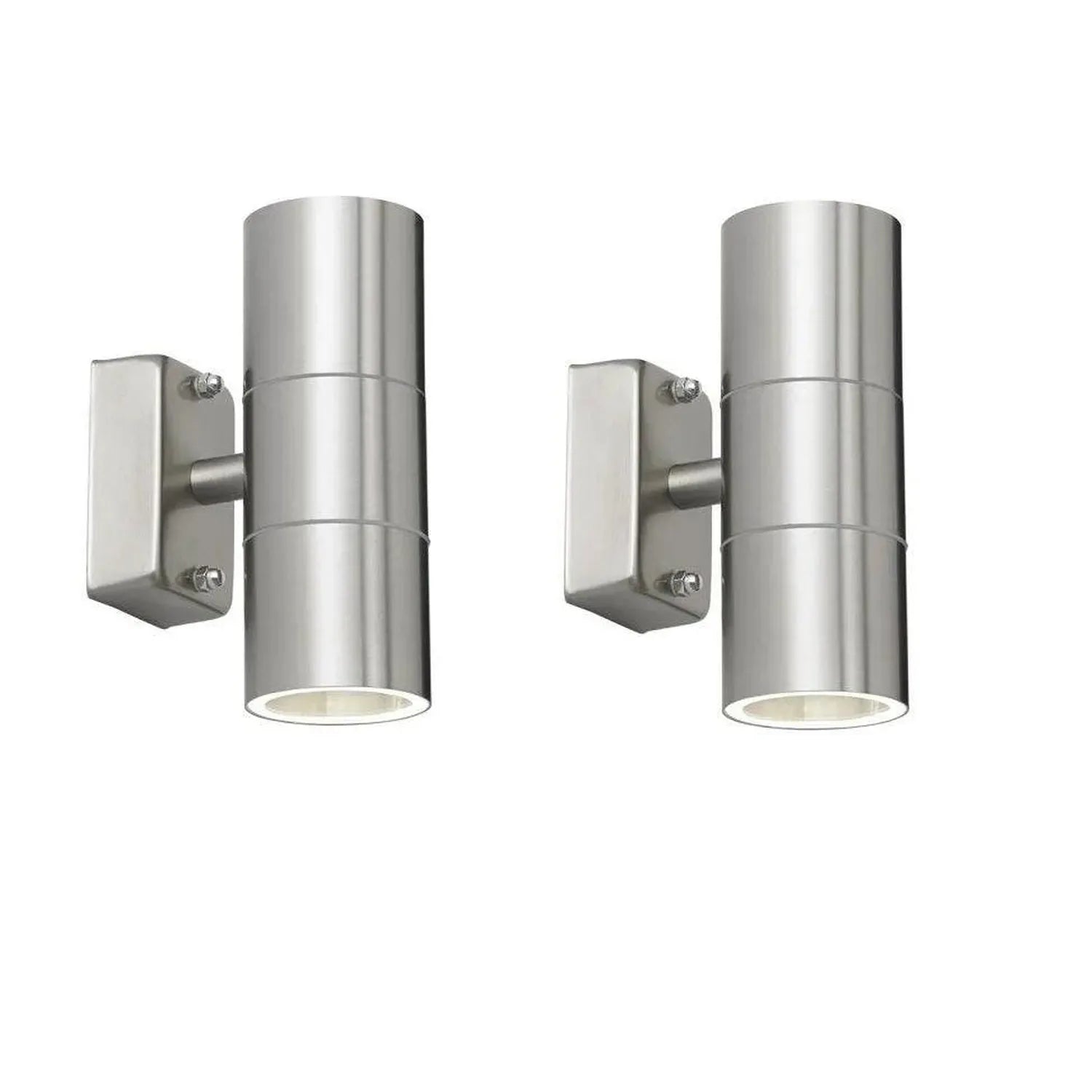 Pair of cylindrical stainless steel outdoor wall lights with mounted bracket fixtures and illuminated bases.