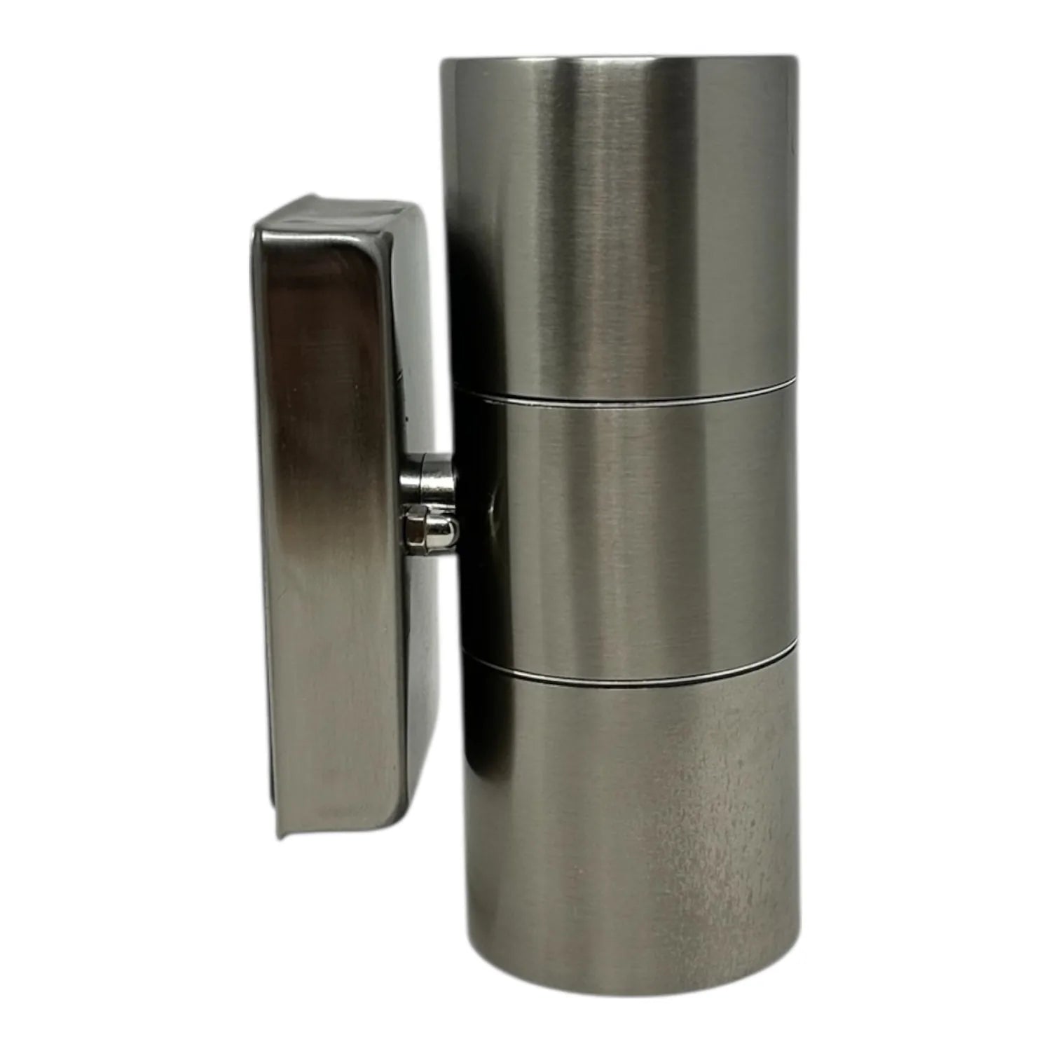 Stainless steel outdoor wall light with cylindrical body and rectangular mounting bracket, shown as single unit against white