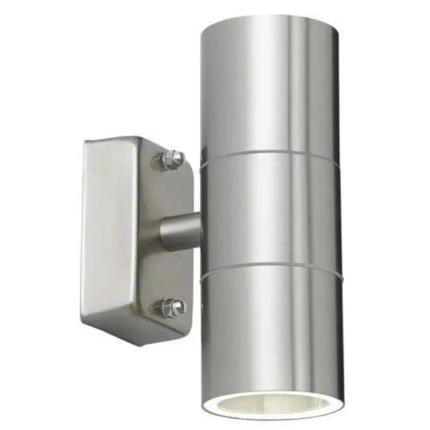 Stainless steel cylindrical outdoor wall light with mounting bracket, shown as product alone against white background.