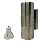 Stainless steel outdoor wall light shown with mounting bracket and GU10 bulb, twin pack configuration displayed.