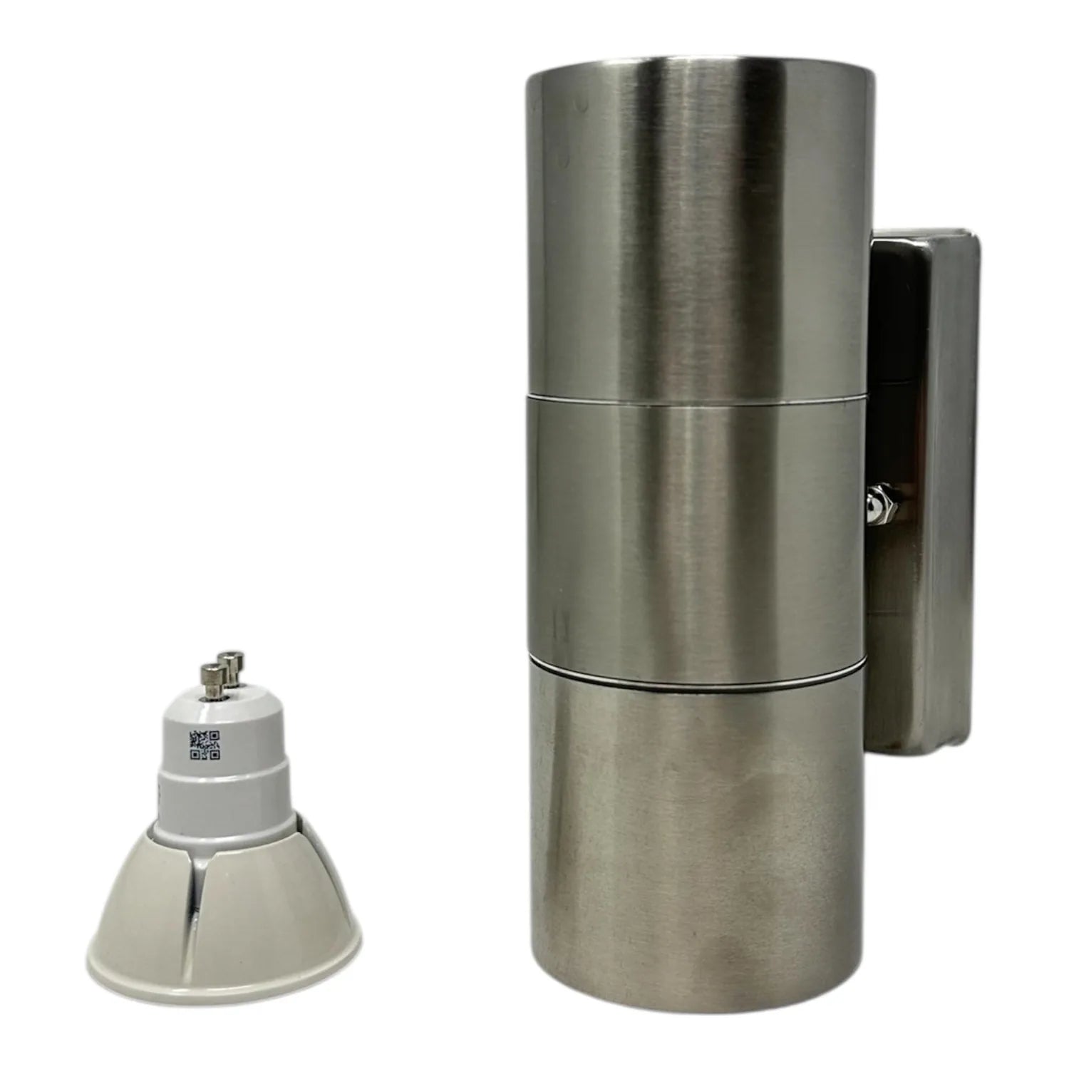 Stainless steel outdoor wall light shown with mounting bracket and GU10 bulb, twin pack configuration displayed.
