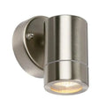 Brushed stainless steel cylindrical wall-mounted outdoor spotlight with illuminated downward-facing lens, shown against white