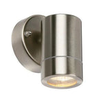 Brushed stainless steel cylindrical wall-mounted outdoor spotlight with illuminated downward-facing lens, shown against white