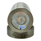 Stainless steel LED outdoor downlight with concentric circular lens showing warm and cool color tones, maintenance text visib
