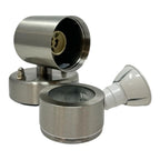 Stainless steel LED outdoor spotlight with adjustable head and cylindrical base, shown disassembled to display internal ceram