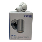 Saxby Palin marine grade wall light with packaging box and GU10 LED bulb displayed on top.