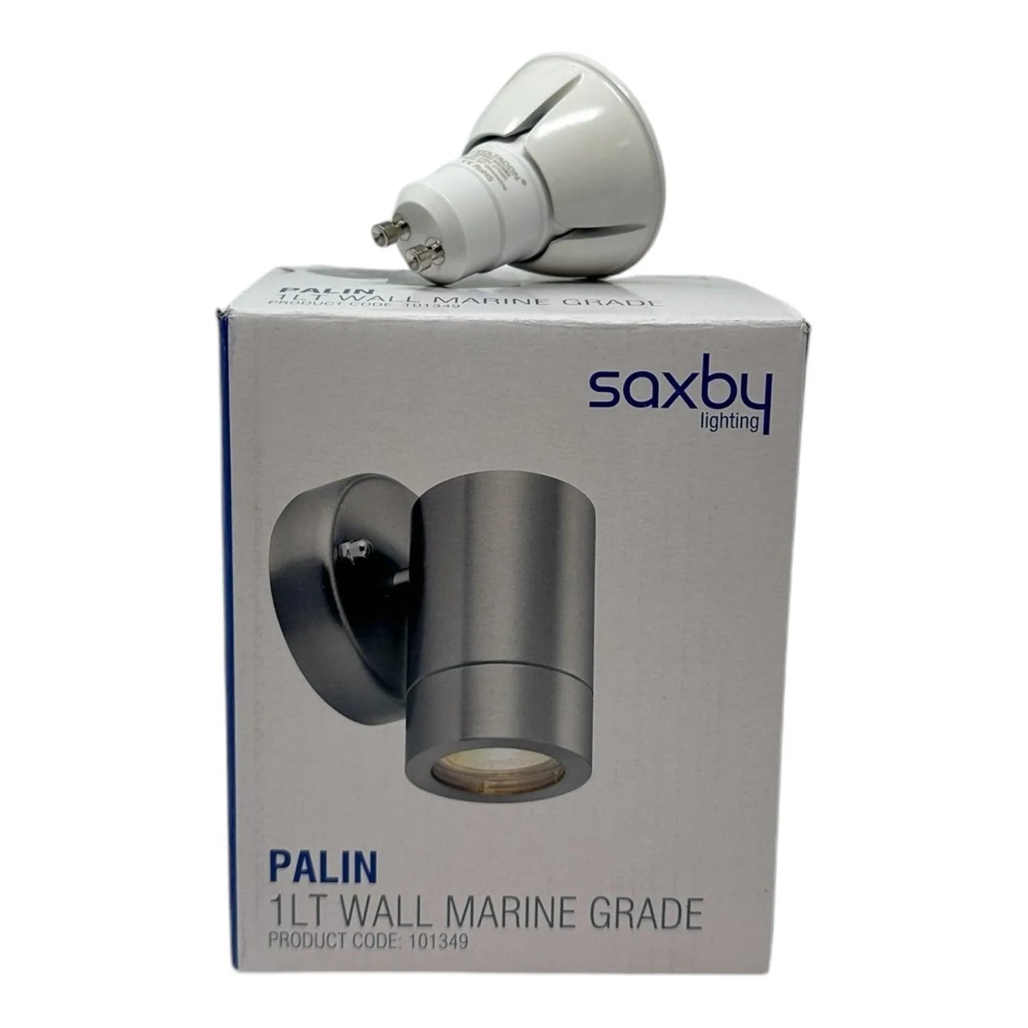 Saxby Palin marine grade wall light with packaging box and GU10 LED bulb displayed on top.