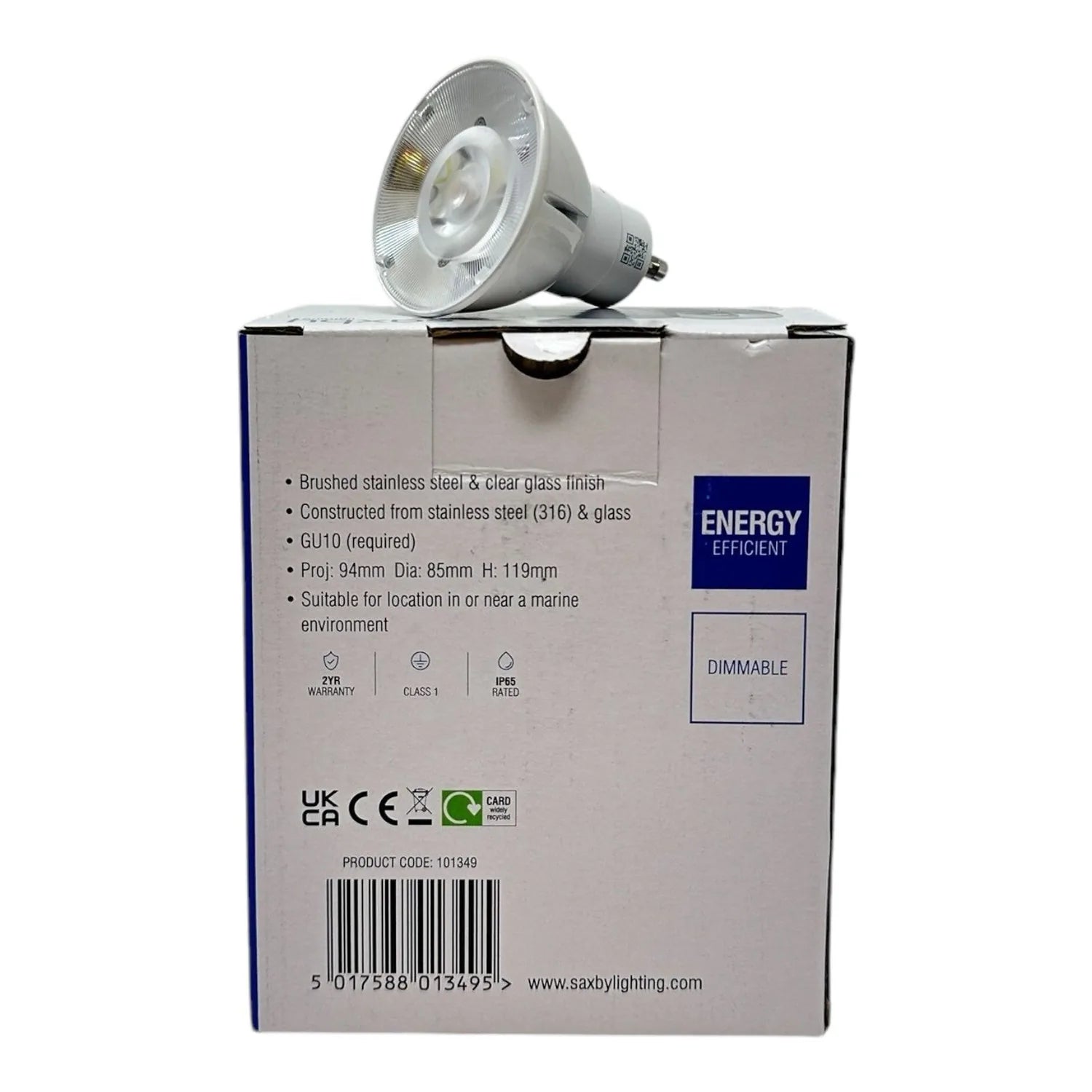 LED outdoor spot downlight with stainless steel finish displayed on product packaging showing specifications and certificatio