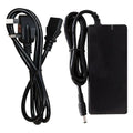 Black 24V LED power supply with attached power cord and connector cable on white background.