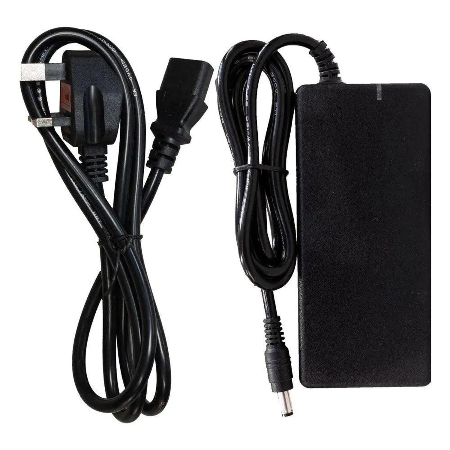 Black 24V LED power supply with attached power cord and connector cable on white background.