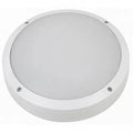 White round LED bulkhead light fixture with frosted diffuser and mounting screws visible, shown against white background.