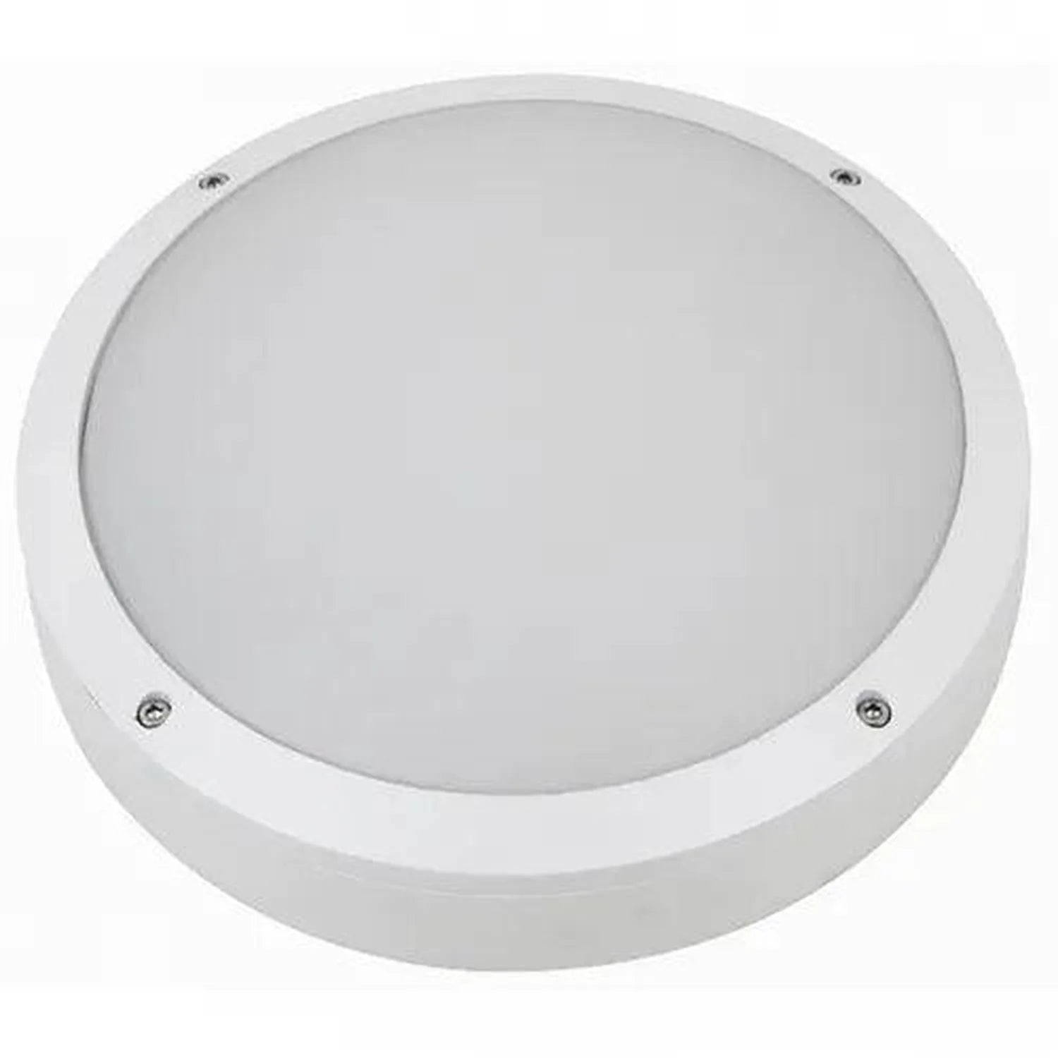 White round LED bulkhead light fixture with frosted diffuser and mounting screws visible, shown against white background.