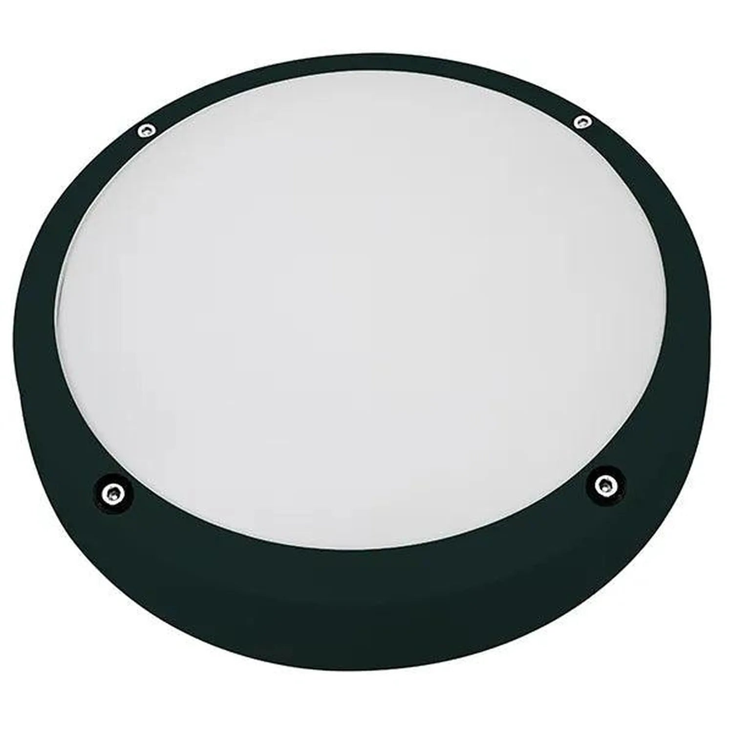 Round black outdoor wall and ceiling light fixture with white diffuser and four visible mounting screws.