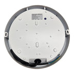 Back view of round white LED ceiling light showing mounting bracket, wiring connections, and product specifications label.