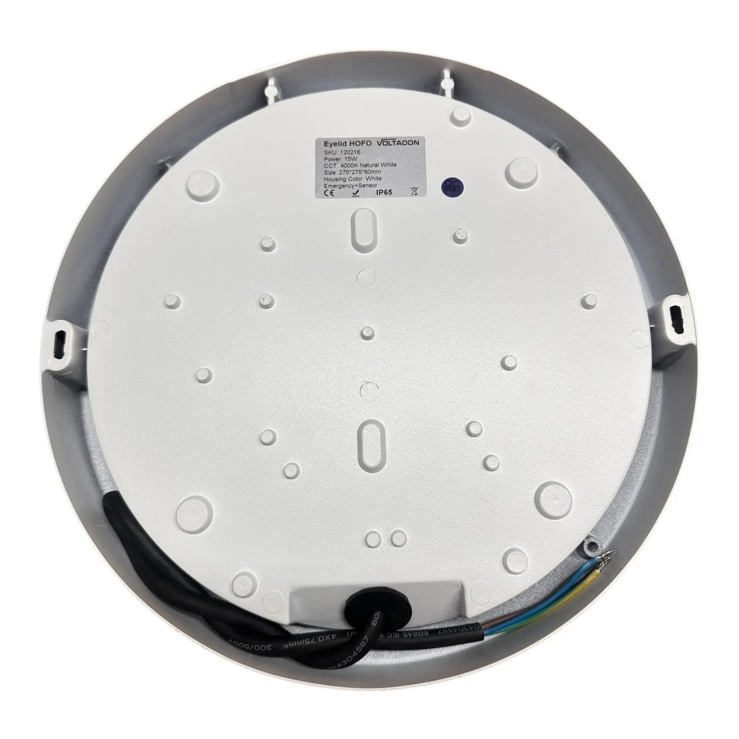 Back view of round white LED ceiling light showing mounting bracket, wiring connections, and product specifications label.