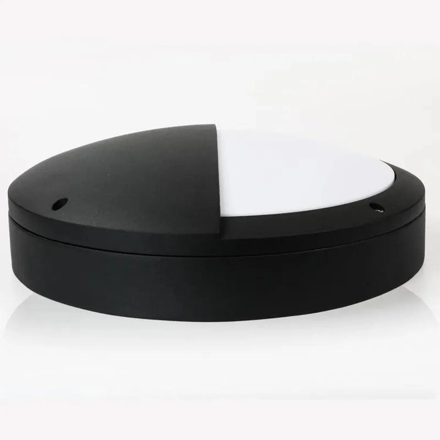 Black curved outdoor wall light with white LED panel visible, shown against white background.