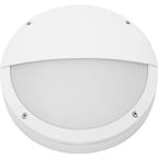 White circular outdoor wall light with sensor and eyelid shade, mounted hardware visible, front view product shot.